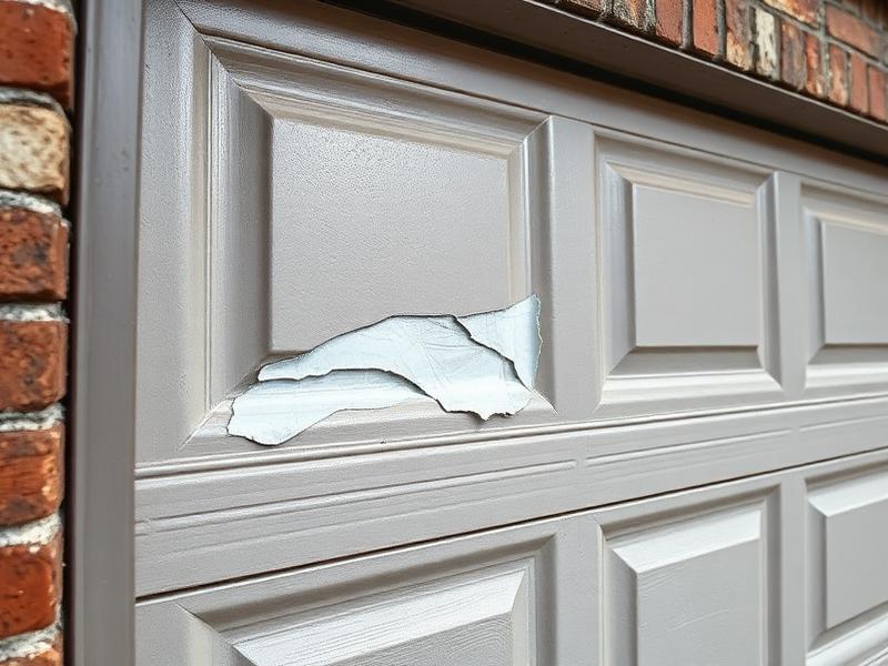 Damaged garage door panel being inspected for repair by professional technician