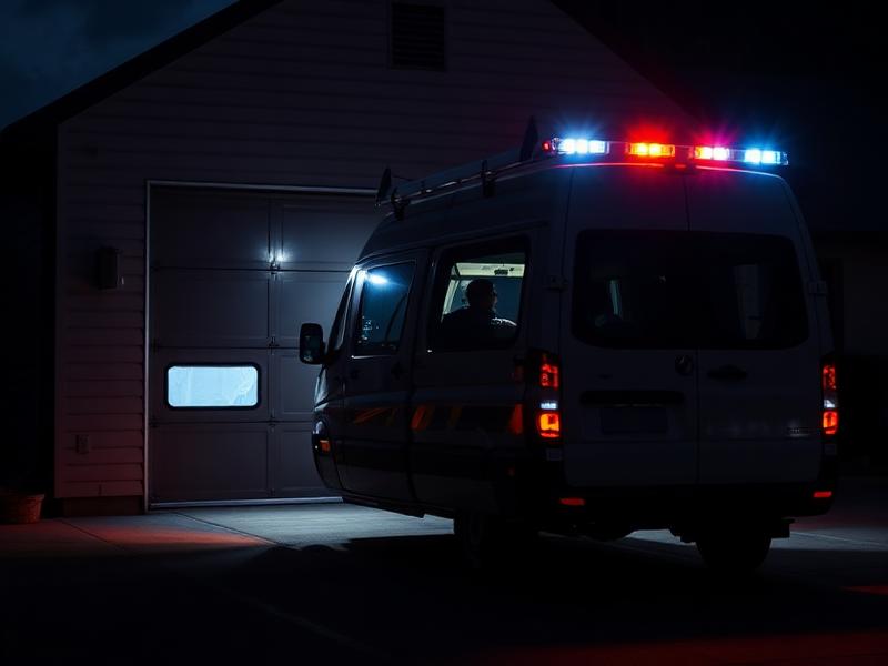 Emergency garage door repair service at night with technician truck